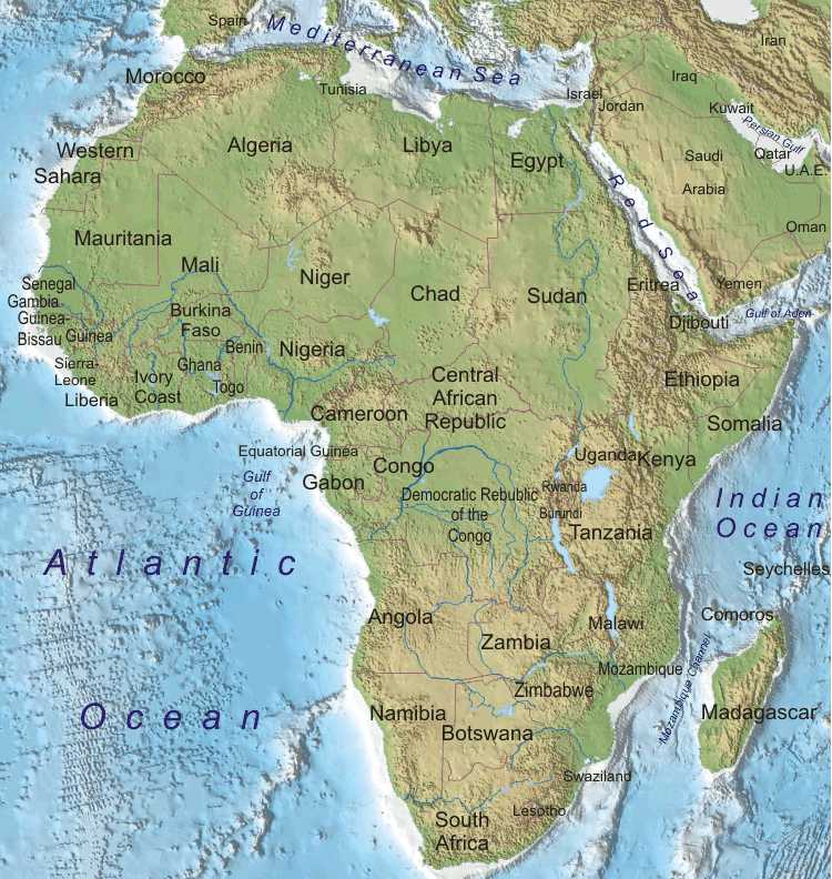 labeled physical map of africa